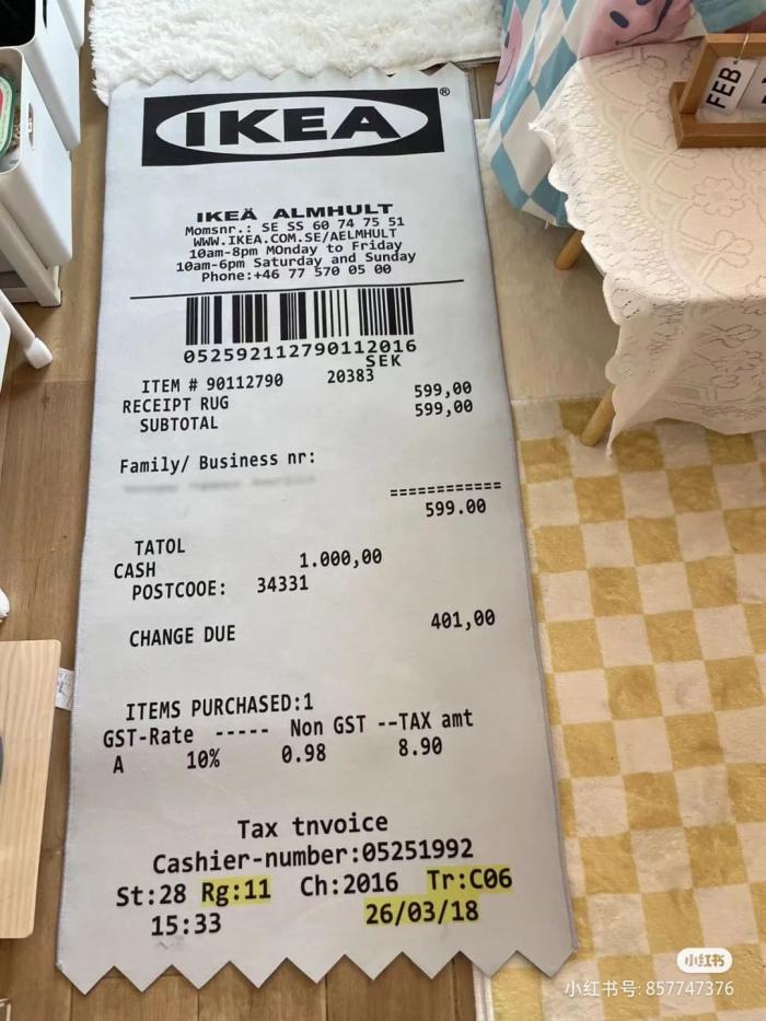 【时尚单品】RM 18 买一张巨型收据!小红书爆红 INS 风【 IKEA 收据地毯】柔软手感好,宜家忠粉必须 GET!