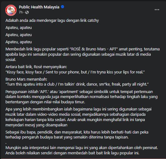 【韩流消息】《APT.》歌词可能教坏小孩?大马百万粉专:公然鼓励不健康生活 | 网嘲:APT = Apa Pun Takboleh